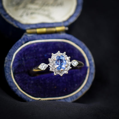 Vintage Blue Sapphire and Diamond Oval Cluster 9ct Gold Ring