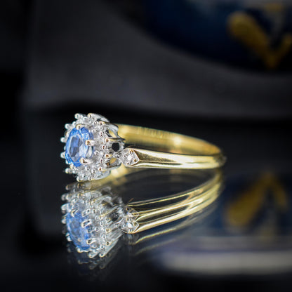 Vintage Blue Sapphire and Diamond Oval Cluster 9ct Gold Ring