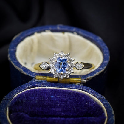 Vintage Blue Sapphire and Diamond Oval Cluster 9ct Gold Ring