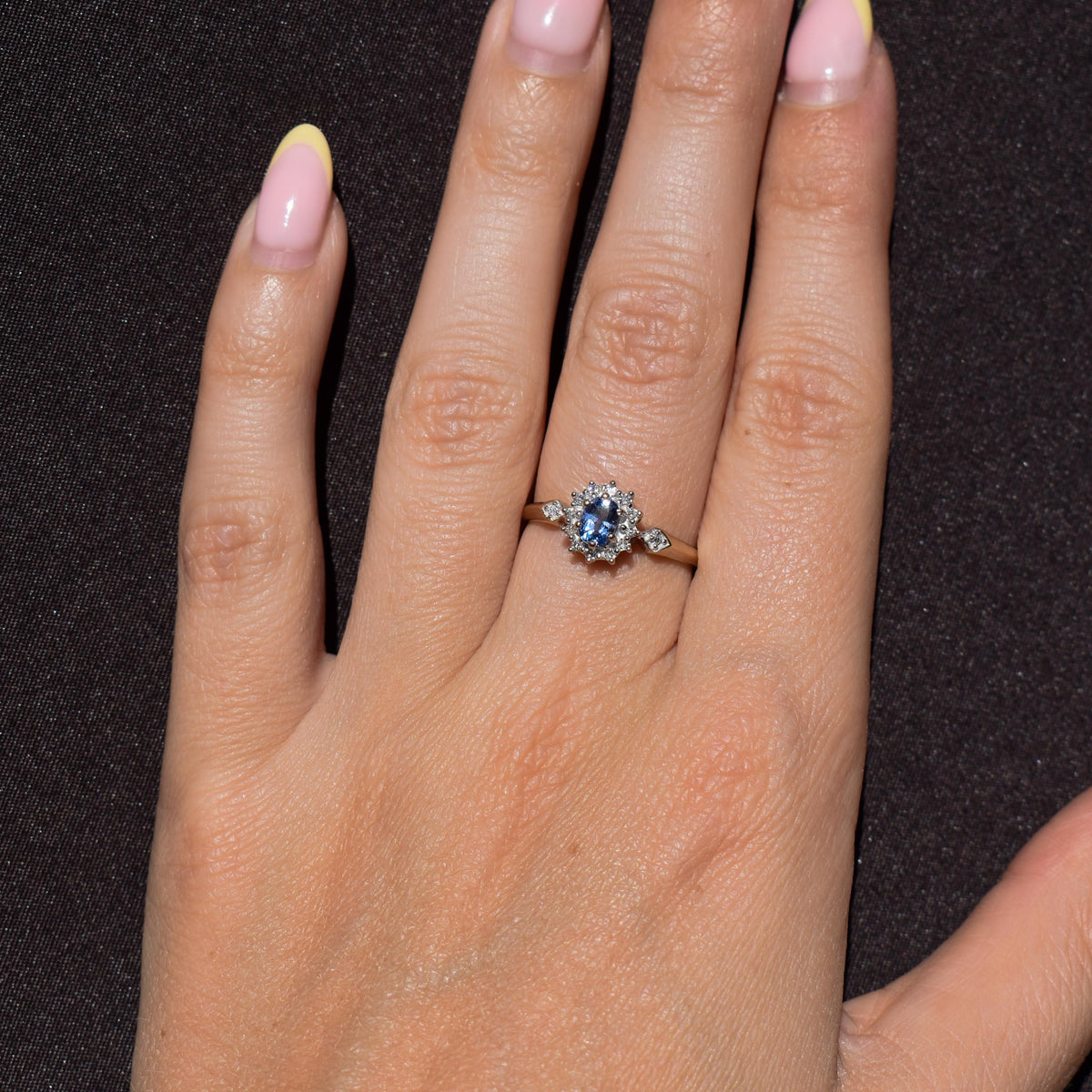 Vintage Blue Sapphire and Diamond Oval Cluster 9ct Gold Ring
