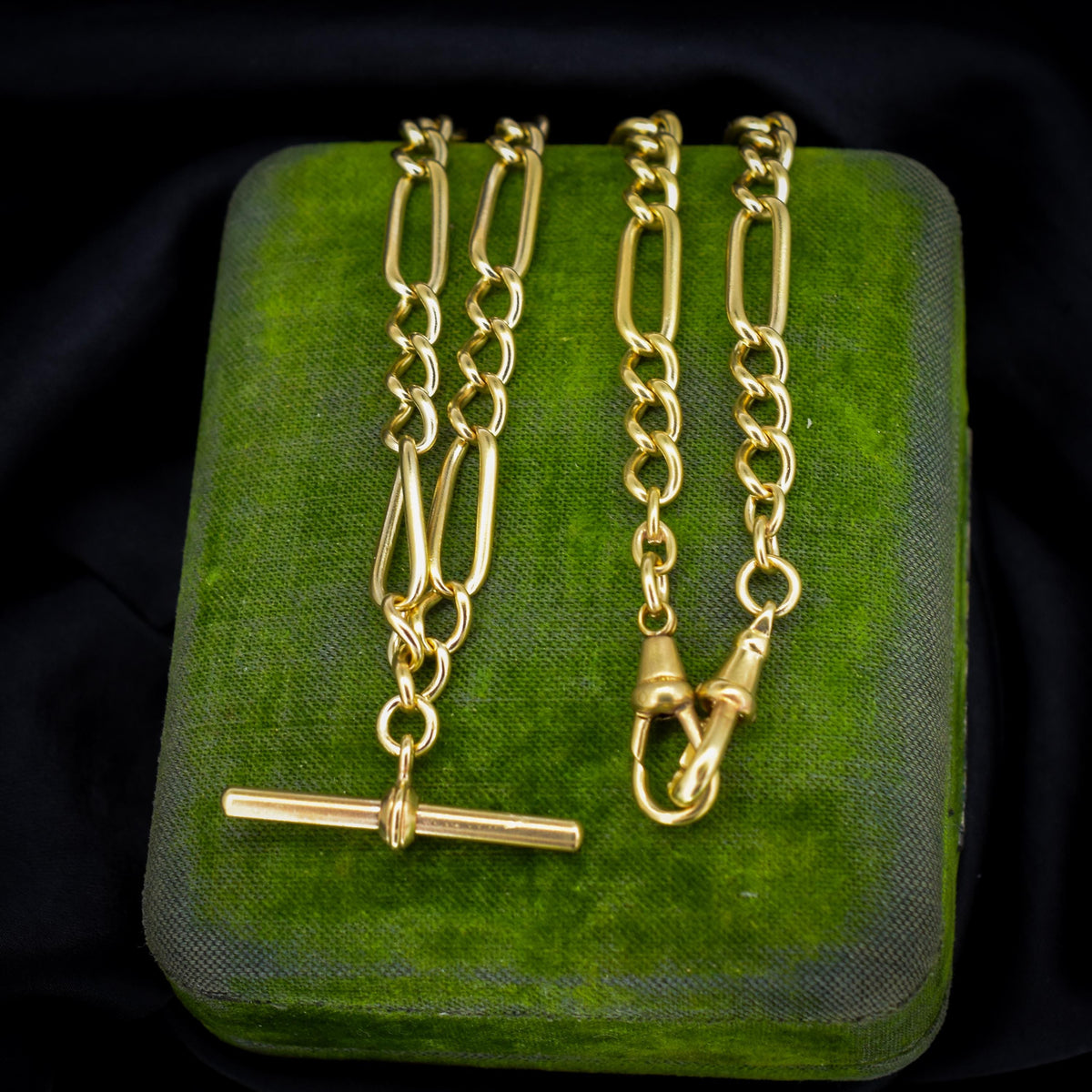 Antique 18ct Rolled Gold Figaro Link Albert Watch Chain Necklace with T-Bar and Dog Clips - 17"