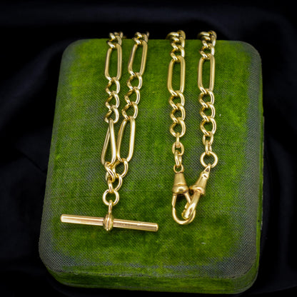 Antique 18ct Rolled Gold Figaro Link Albert Watch Chain Necklace with T-Bar and Dog Clips - 17"