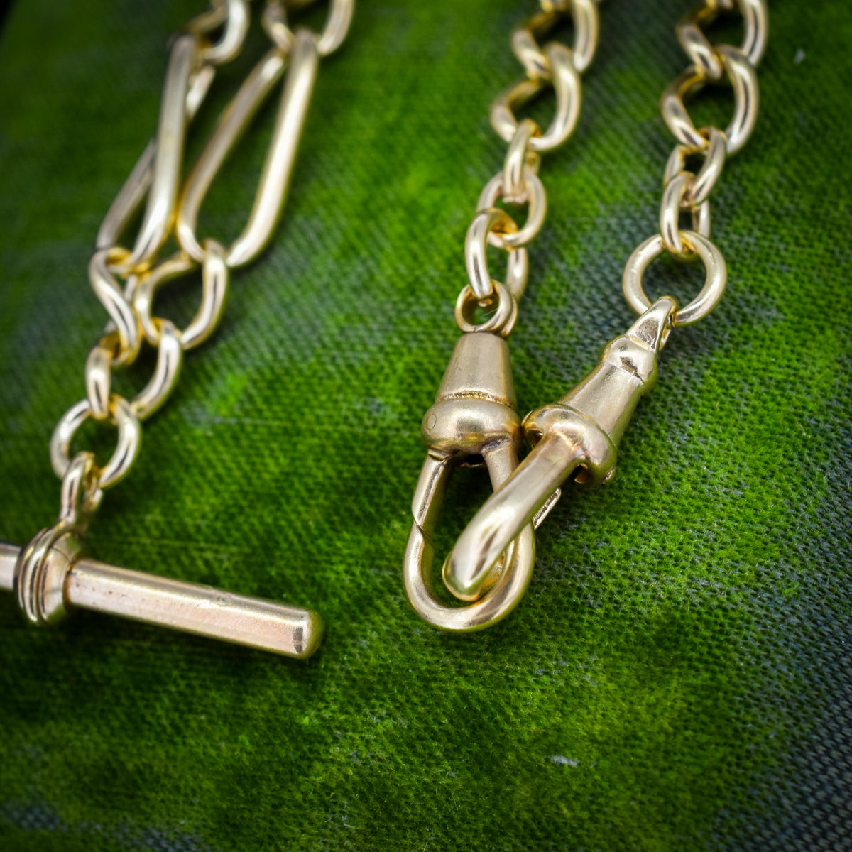 Antique 18ct Rolled Gold Figaro Link Albert Watch Chain Necklace with T-Bar and Dog Clips - 17"