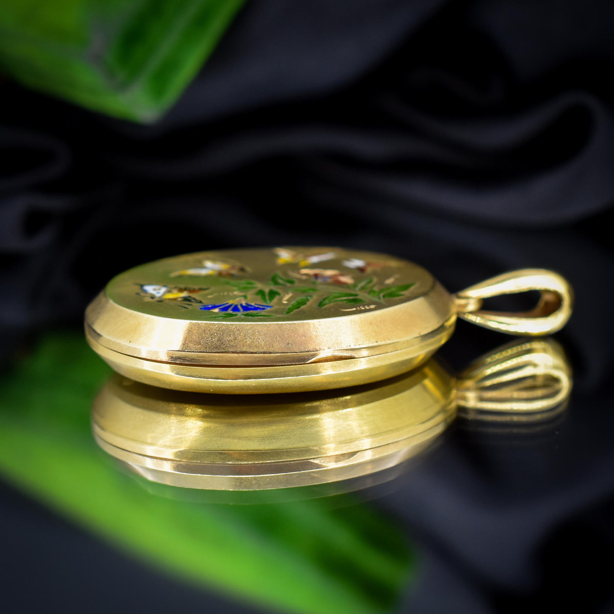 Antique '1879' Victorian Gold on Silver Oval Enamel Butterfly Locket Pendant