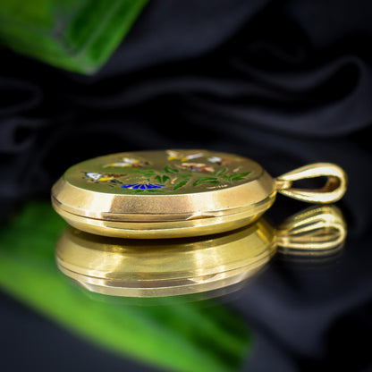 Antique '1879' Victorian Gold on Silver Oval Enamel Butterfly Locket Pendant