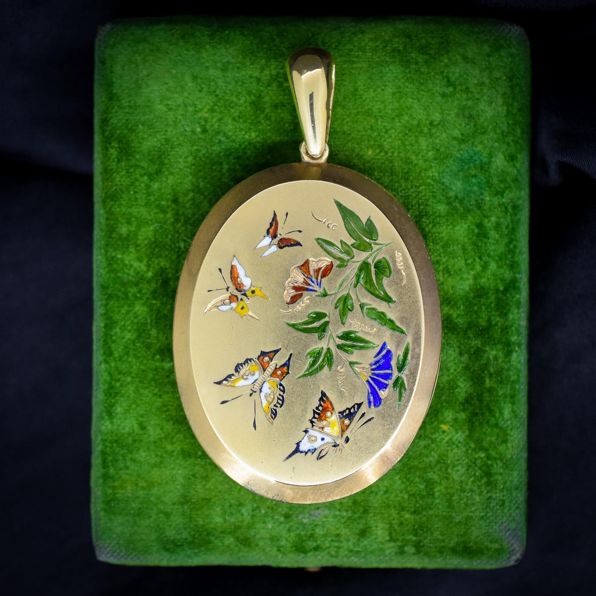 Antique '1879' Victorian Gold on Silver Oval Enamel Butterfly Locket Pendant