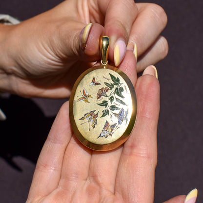 Antique '1879' Victorian Gold on Silver Oval Enamel Butterfly Locket Pendant