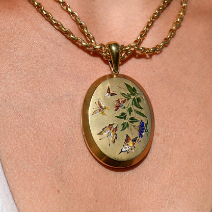 Antique '1879' Victorian Gold on Silver Oval Enamel Butterfly Locket Pendant