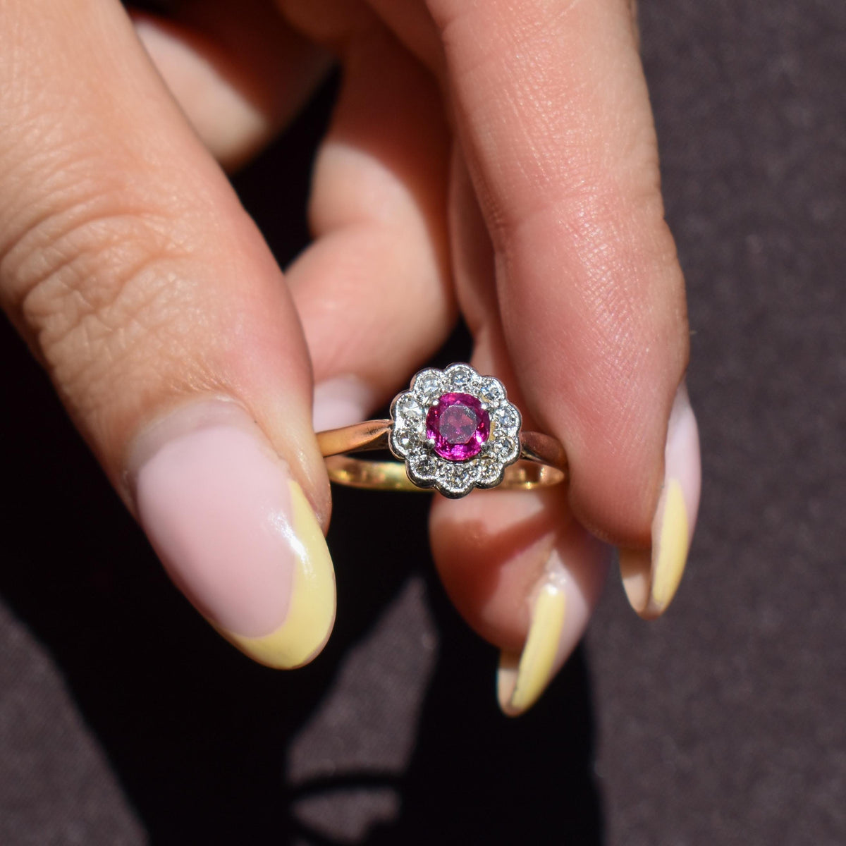 Antique Edwardian Ruby and Diamond Halo Cluster 18ct Gold Ring