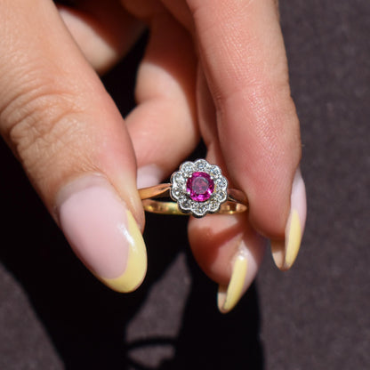 Antique Edwardian Ruby and Diamond Halo Cluster 18ct Gold Ring