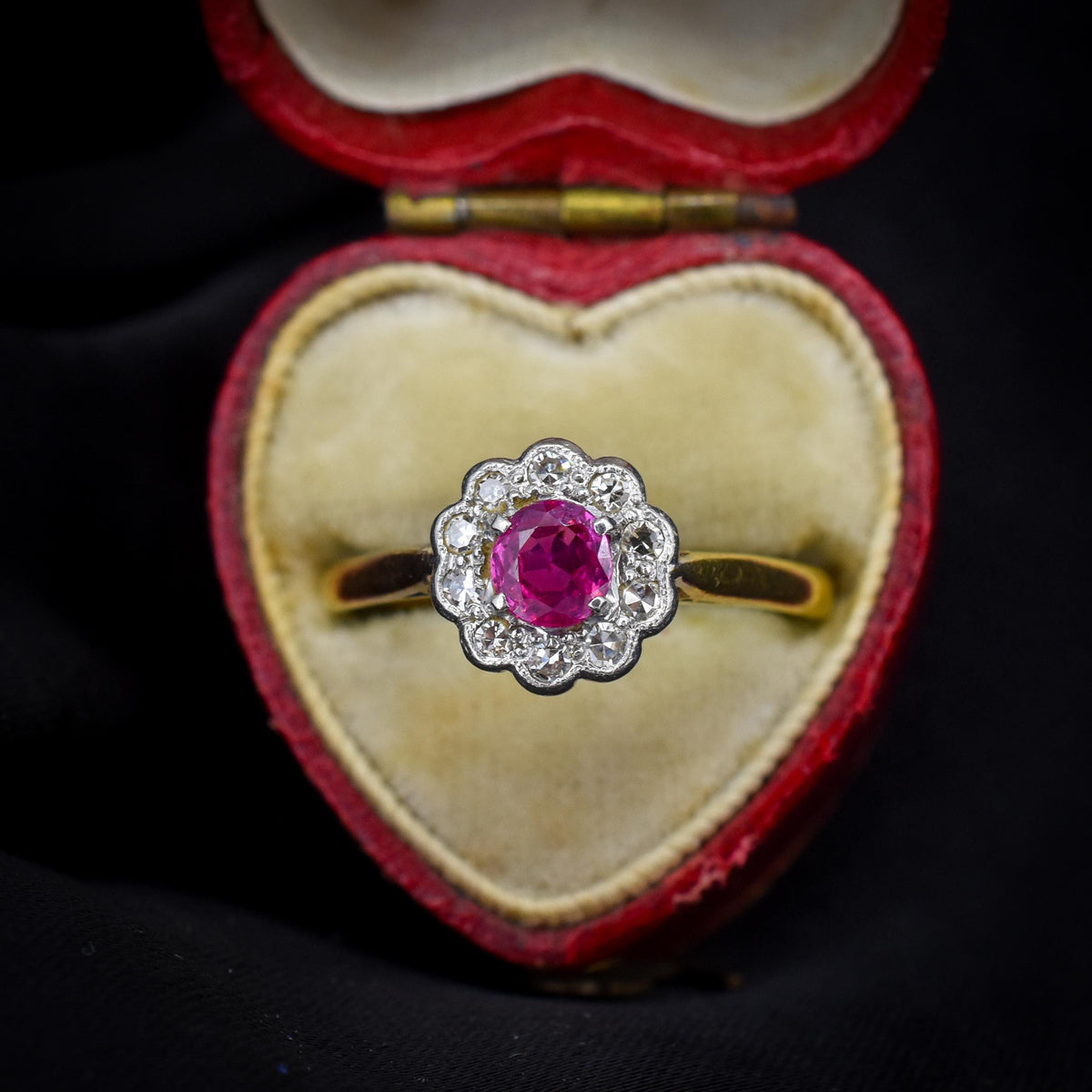 Antique Edwardian Ruby and Diamond Halo Cluster 18ct Gold Ring