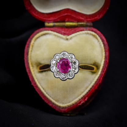 Antique Edwardian Ruby and Diamond Halo Cluster 18ct Gold Ring