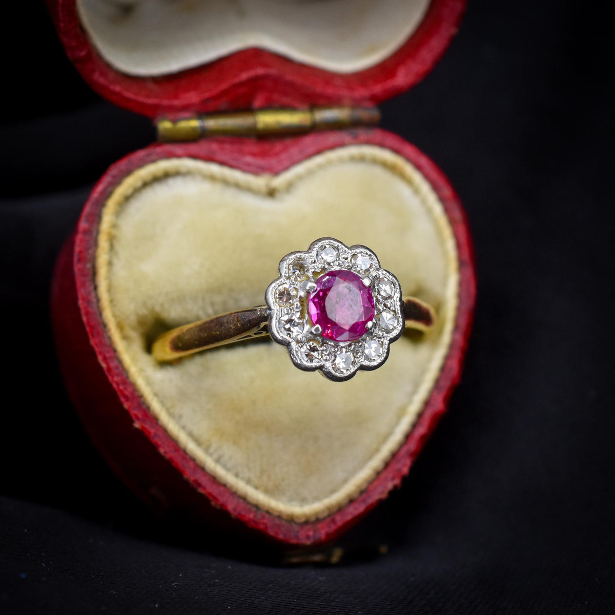 Antique Edwardian Ruby and Diamond Halo Cluster 18ct Gold Ring