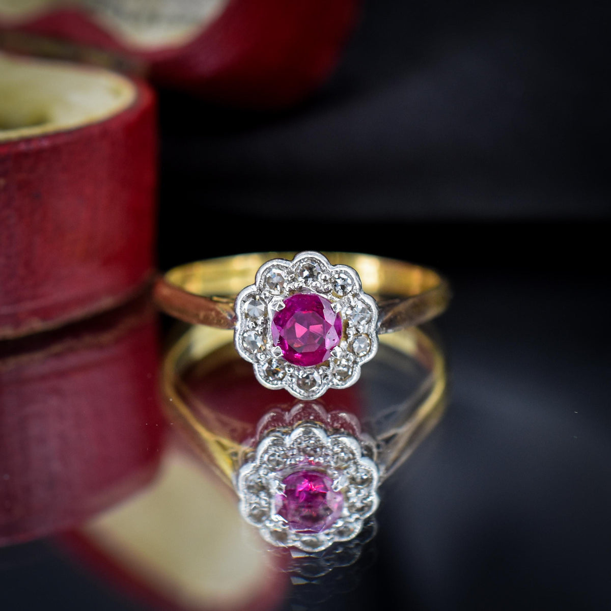 Antique Edwardian Ruby and Diamond Halo Cluster 18ct Gold Ring