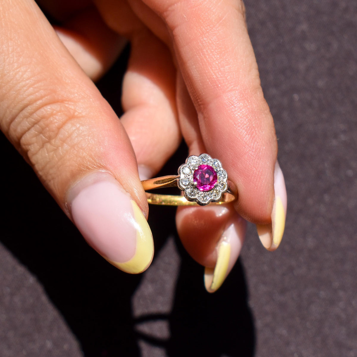 Antique Edwardian Ruby and Diamond Halo Cluster 18ct Gold Ring
