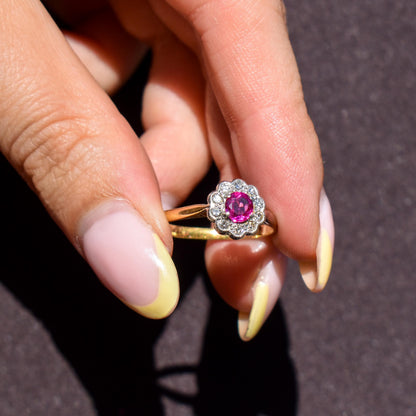Antique Edwardian Ruby and Diamond Halo Cluster 18ct Gold Ring