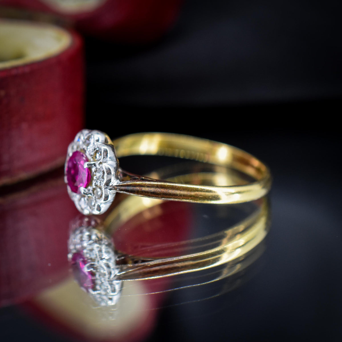 Antique Edwardian Ruby and Diamond Halo Cluster 18ct Gold Ring