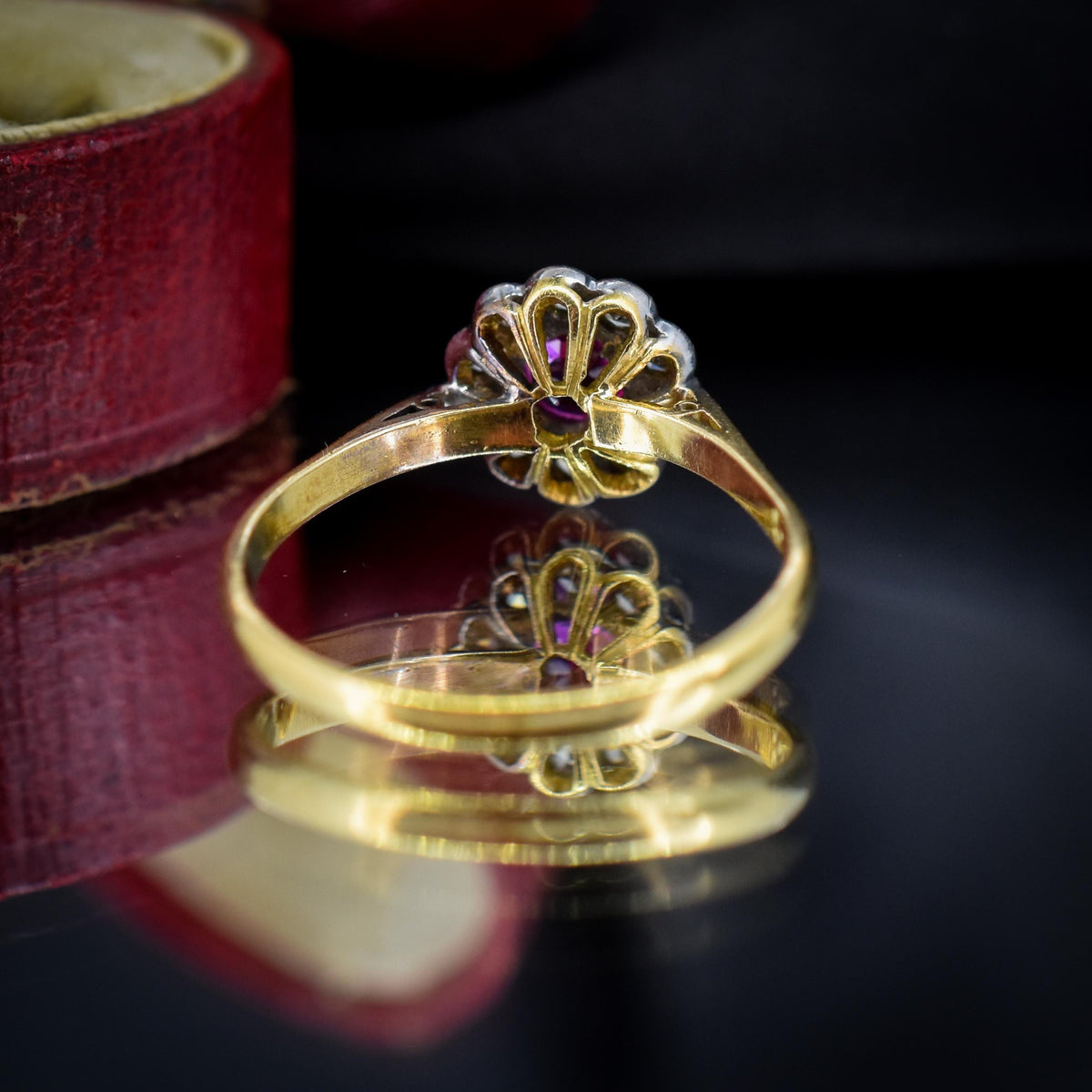 Antique Edwardian Ruby and Diamond Halo Cluster 18ct Gold Ring
