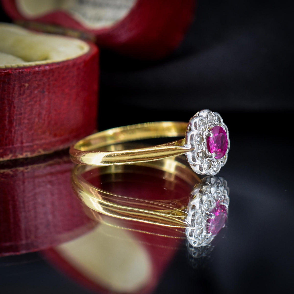 Antique Edwardian Ruby and Diamond Halo Cluster 18ct Gold Ring