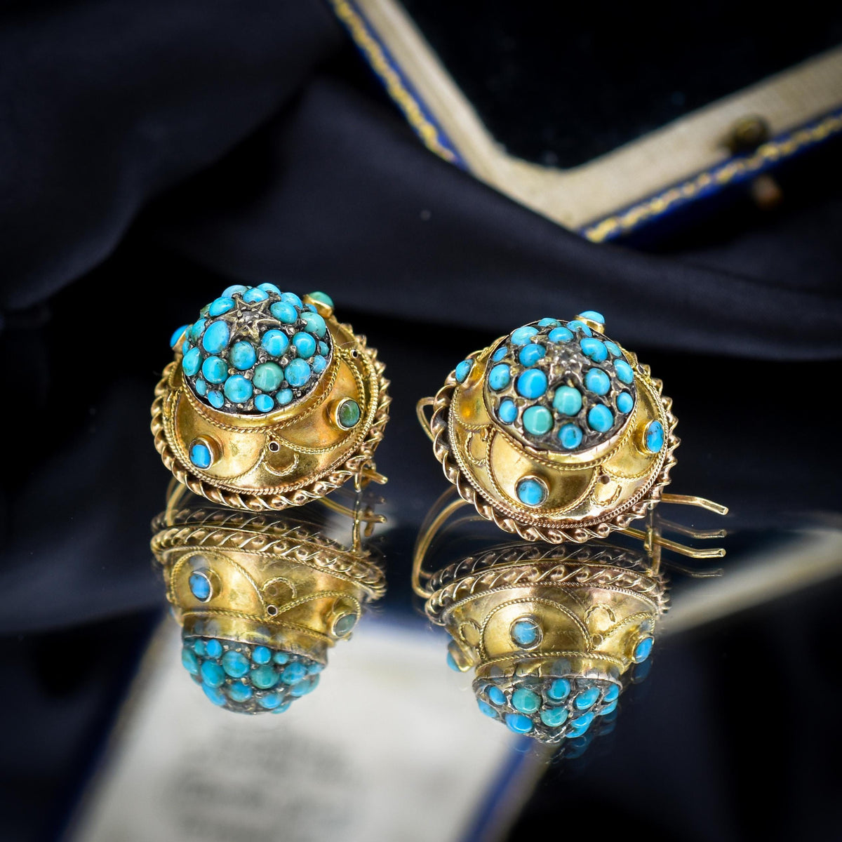 Antique Victorian Etruscan Pavé Turquoise Bombé Cluster 9ct Gold Earrings