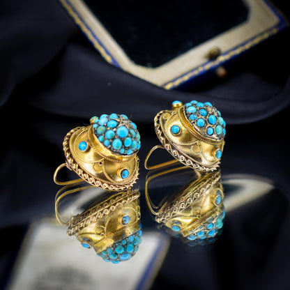 Antique Victorian Etruscan Pavé Turquoise Bombé Cluster 9ct Gold Earrings