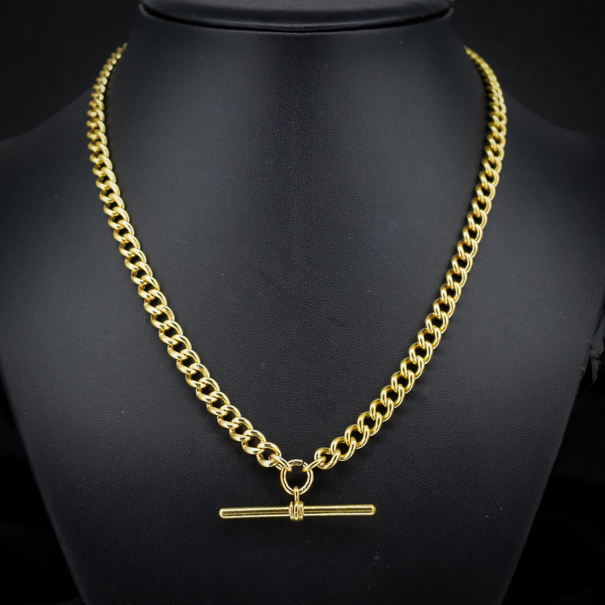 Antique 18ct Rolled Gold Curb Albert Watch Chain Necklace with T-Bar and Double Dog Clips - 17.5"