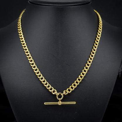 Antique 18ct Rolled Gold Curb Albert Watch Chain Necklace with T-Bar and Double Dog Clips - 17.5"