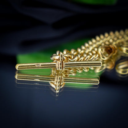 Antique 18ct Rolled Gold Curb Albert Watch Chain Necklace with T-Bar and Double Dog Clips - 17.5"