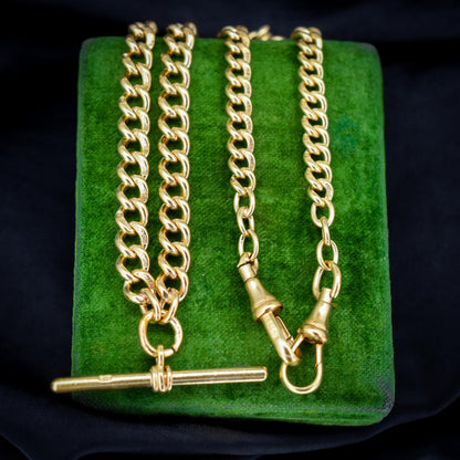 Antique 18ct Rolled Gold Curb Albert Watch Chain Necklace with T-Bar and Double Dog Clips - 17.5"