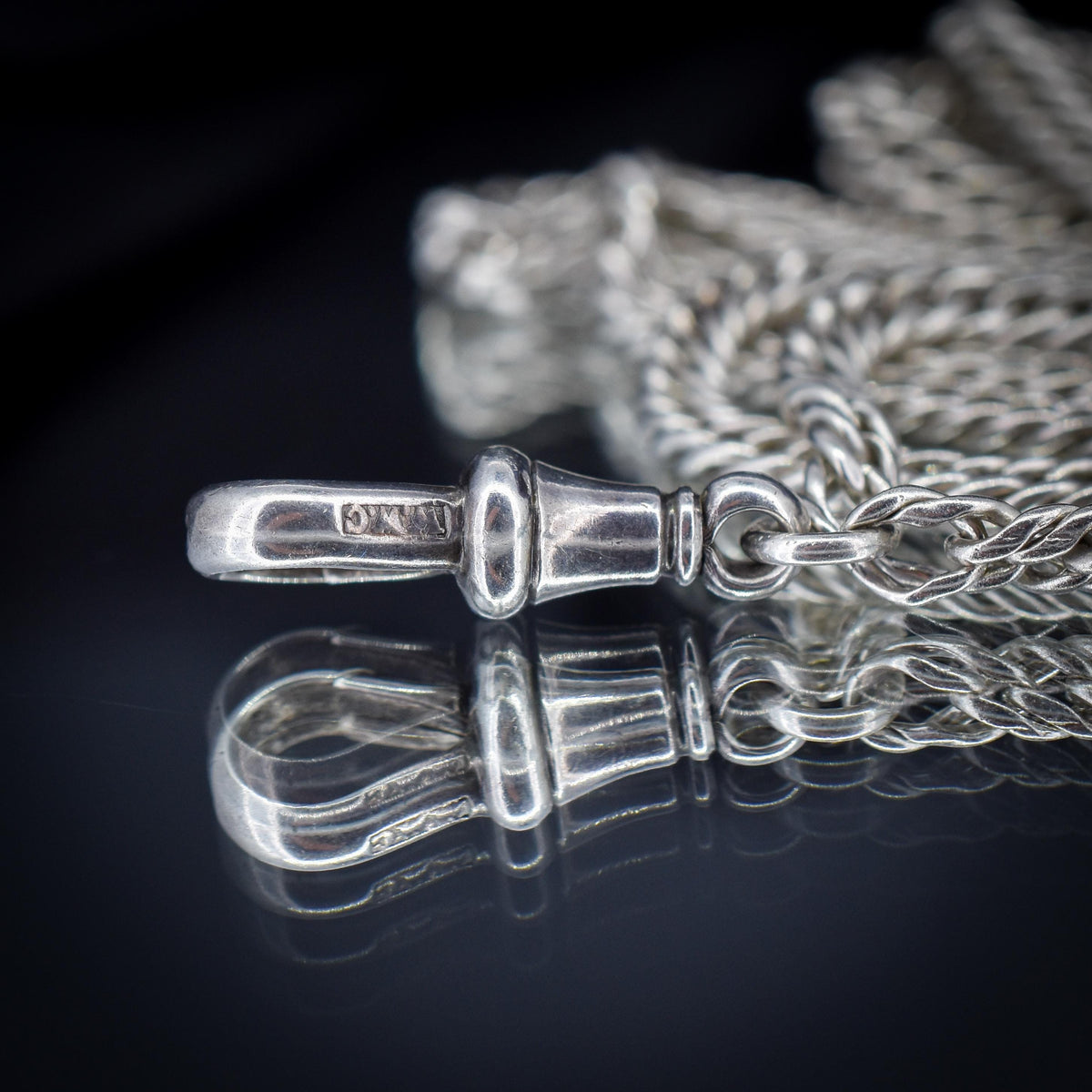 Antique Sterling Silver Flat Curb Link Long Guard Chain Necklace | 62" Length
