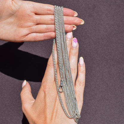 Antique Sterling Silver Flat Curb Link Long Guard Chain Necklace | 62" Length