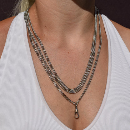 Antique Sterling Silver Flat Curb Link Long Guard Chain Necklace | 62" Length