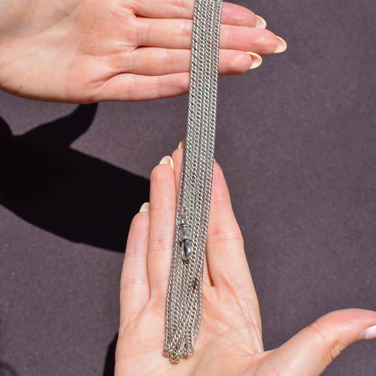 Antique Sterling Silver Flat Curb Link Long Guard Chain Necklace | 62" Length