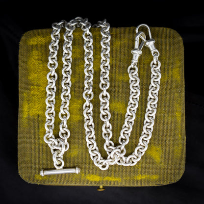 Vintage Sterling Silver Rolo Round Link Watch Chain Necklace with T-Bar and Dog Clips – 21"