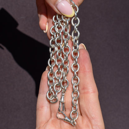 Vintage 51g Silver Oval Cable Link Chain Necklace with Double Dog Clip | 17.5"
