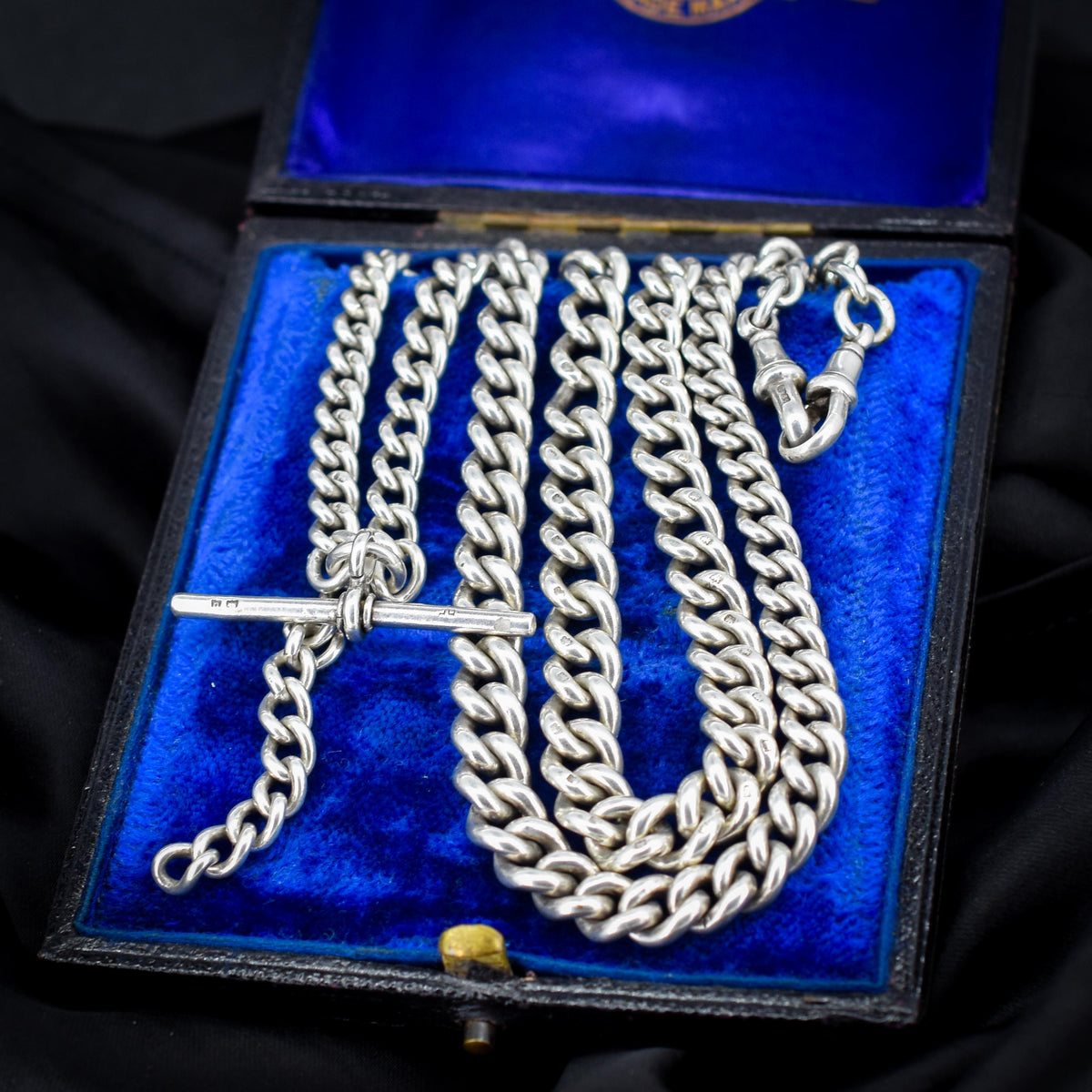 Antique 24" Sterling Silver Curb Link Albert Chain Necklace with Double Dog Clips and T-Bar