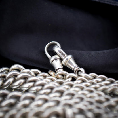 Antique 24" Sterling Silver Curb Link Albert Chain Necklace with Double Dog Clips and T-Bar