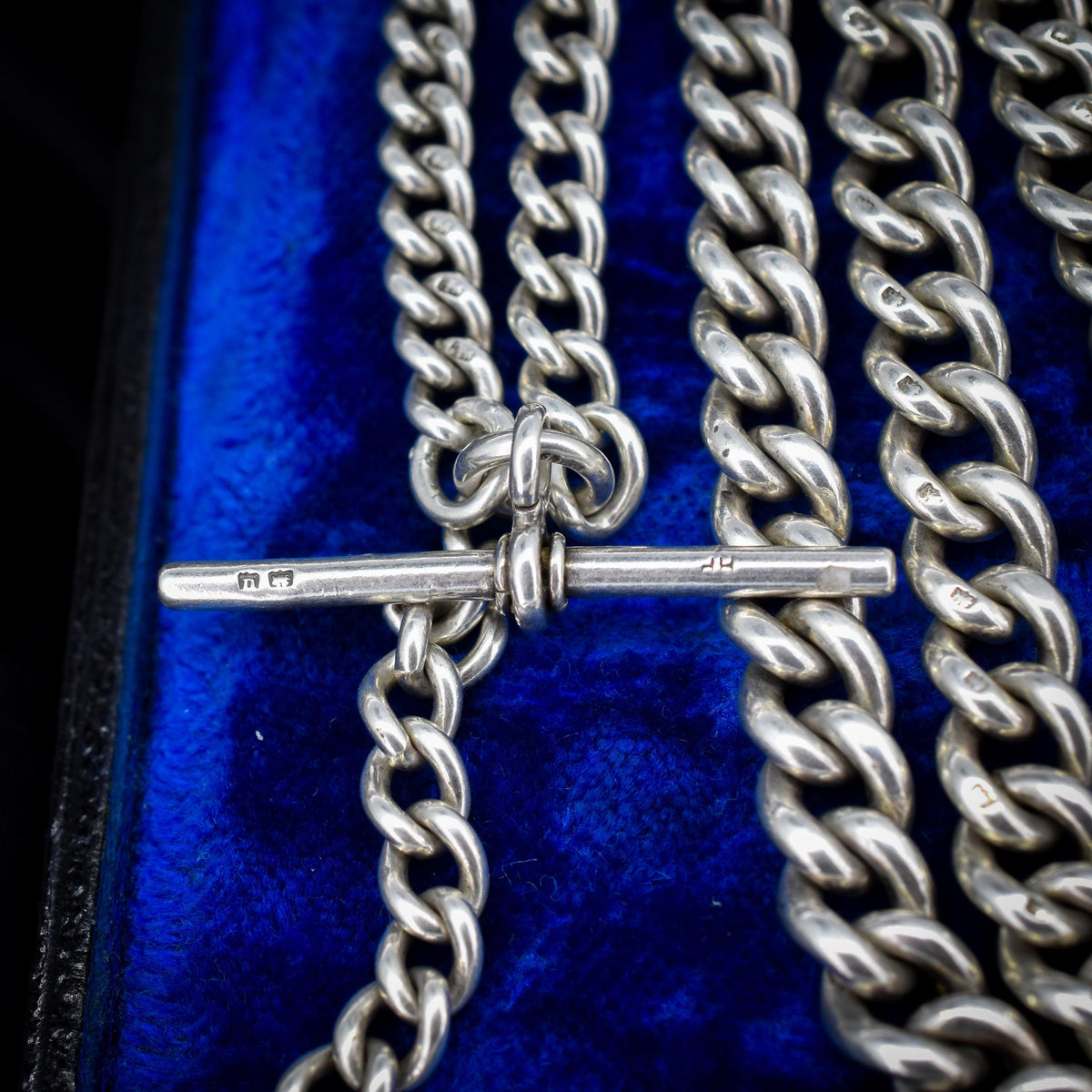Antique 24" Sterling Silver Curb Link Albert Chain Necklace with Double Dog Clips and T-Bar