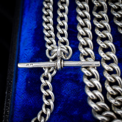 Antique 24" Sterling Silver Curb Link Albert Chain Necklace with Double Dog Clips and T-Bar