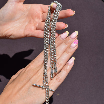 Antique 24" Sterling Silver Curb Link Albert Chain Necklace with Double Dog Clips and T-Bar