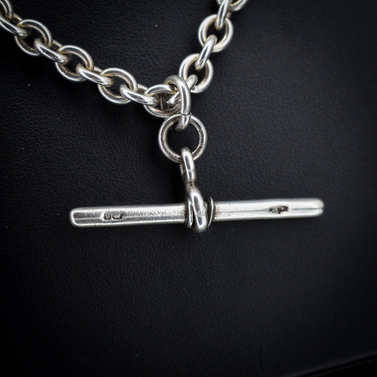 Vintage Sterling Silver Oval Cable Link Watch Chain Necklace with T-Bar and Dog Clips – 17"