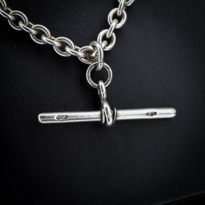 Vintage Sterling Silver Oval Cable Link Watch Chain Necklace with T-Bar and Dog Clips – 17"