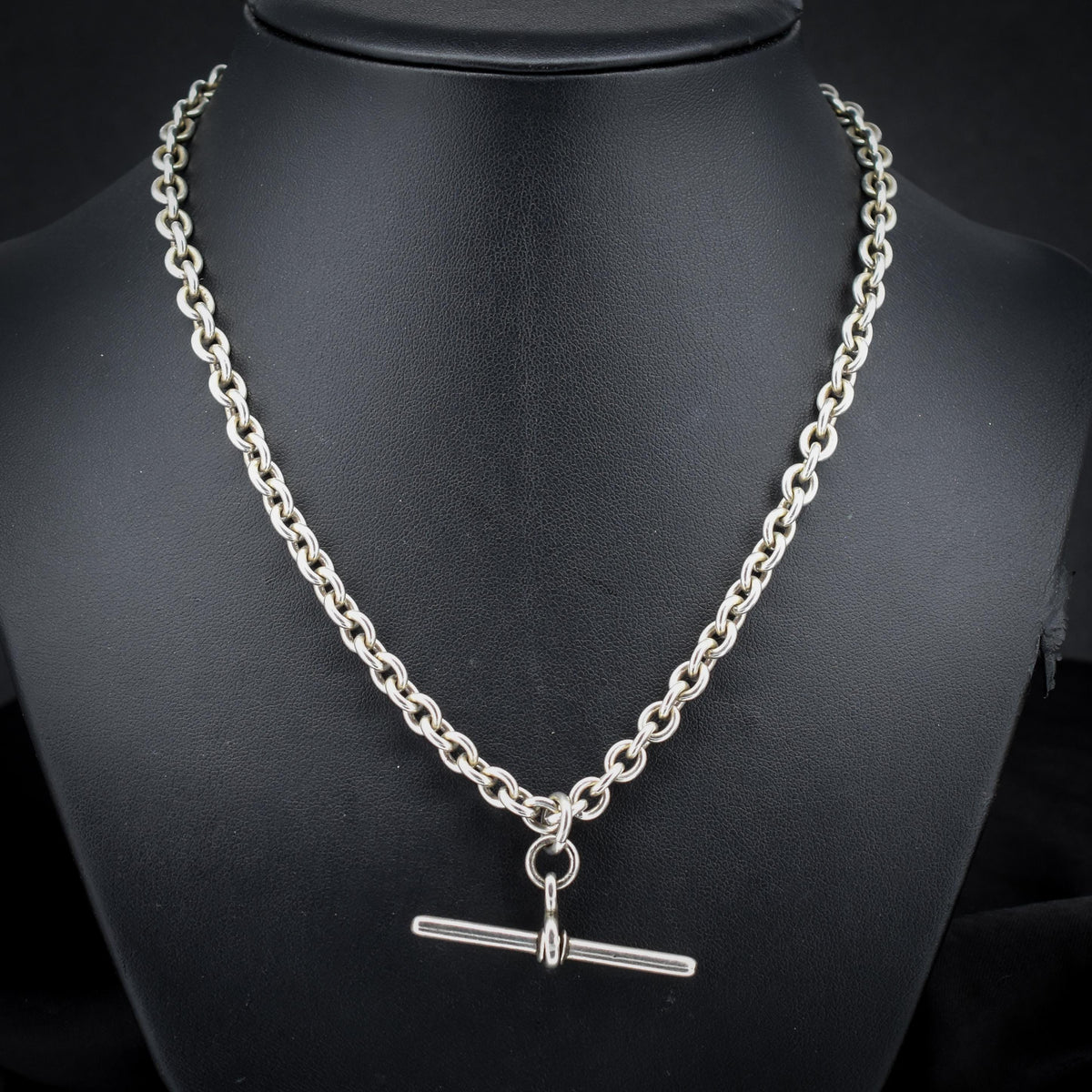 Vintage Sterling Silver Oval Cable Link Watch Chain Necklace with T-Bar and Dog Clips – 17"