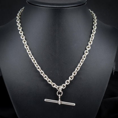Vintage Sterling Silver Oval Cable Link Watch Chain Necklace with T-Bar and Dog Clips – 17"