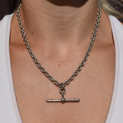 Vintage Sterling Silver Oval Cable Link Watch Chain Necklace with T-Bar and Dog Clips – 17"