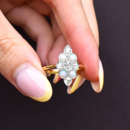 Antique Edwardian 0.78ct Old Cut Diamond and Opal Navette Cluster 18ct Gold Ring