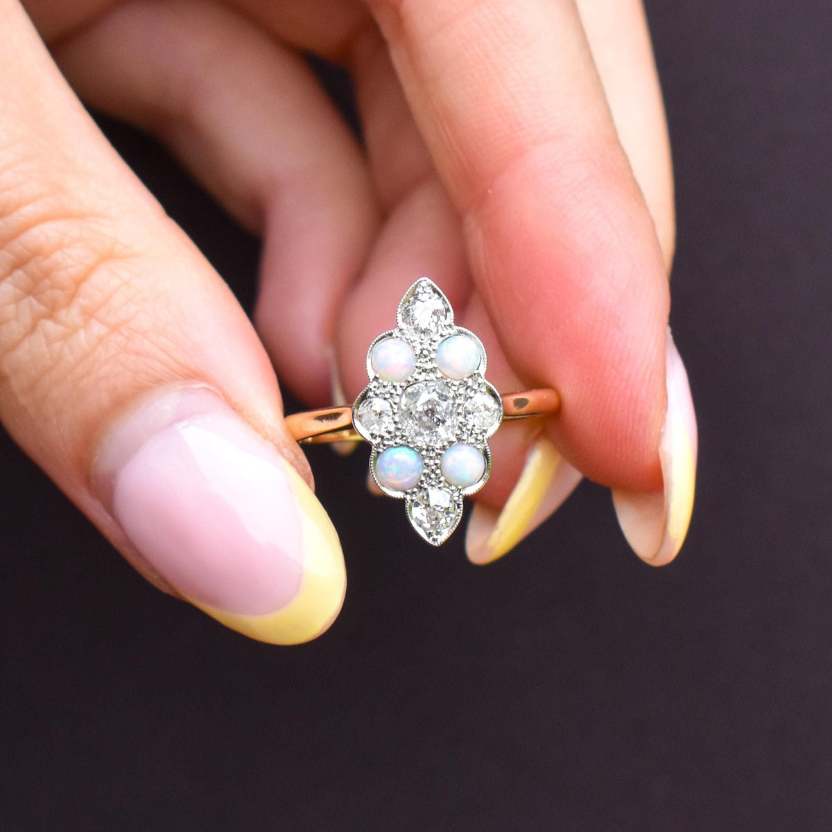 Antique Edwardian 0.78ct Old Cut Diamond and Opal Navette Cluster 18ct Gold Ring