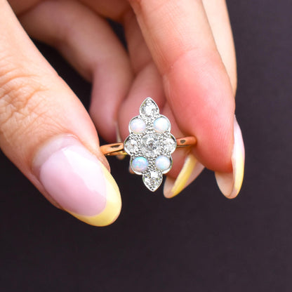 Antique Edwardian 0.78ct Old Cut Diamond and Opal Navette Cluster 18ct Gold Ring