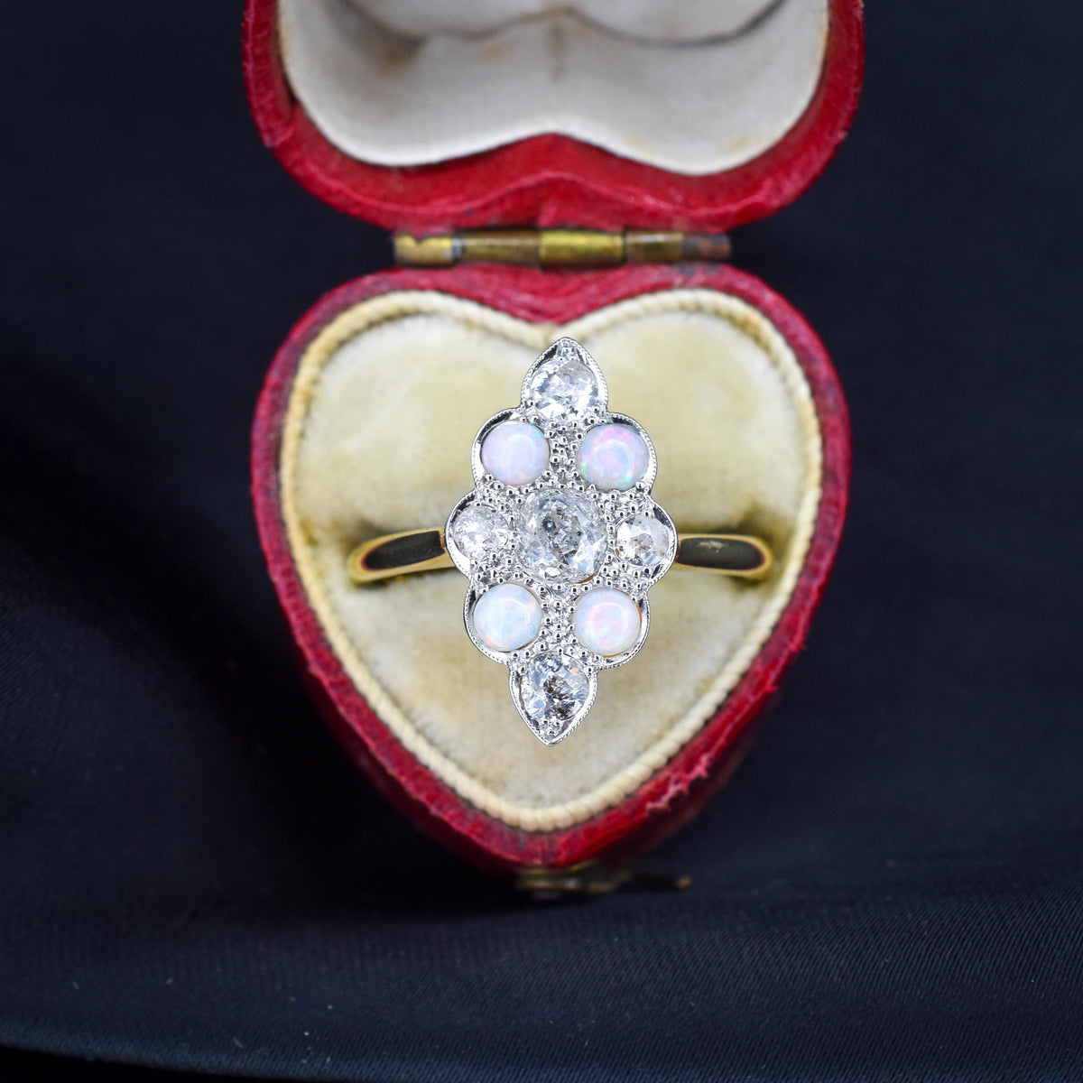 Antique Edwardian 0.78ct Old Cut Diamond and Opal Navette Cluster 18ct Gold Ring