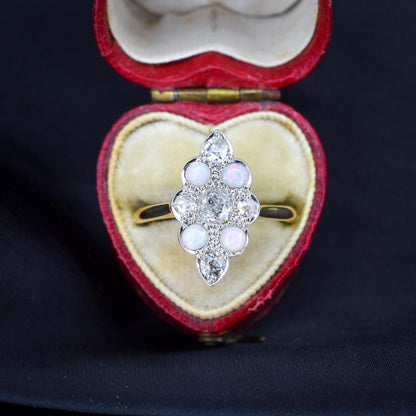 Antique Edwardian 0.78ct Old Cut Diamond and Opal Navette Cluster 18ct Gold Ring